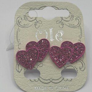 Ole’ Pink Rhinestone Embellished Double Heart 1inch Stud Earrings In Hot Pink